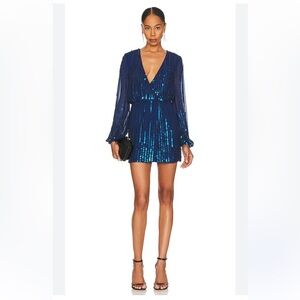 Lovers And Friends Poppy Blue Sequin Embellished Plunge Neck Mini Dress Size